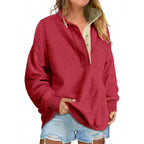 Floral Accent Buttoned Stand-Collar Pullover