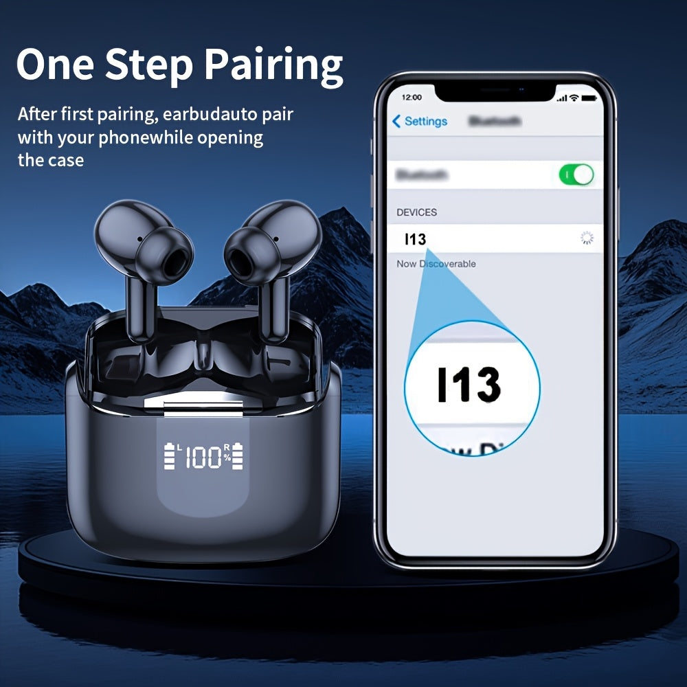 Wireless Earbuds, Wireless Headphones with 5.3 Stereo Bass, 40-Hour Dual Microphone Calling, In-Ear USB-C LED Display Sports Headset, Compact Wireless Earbuds