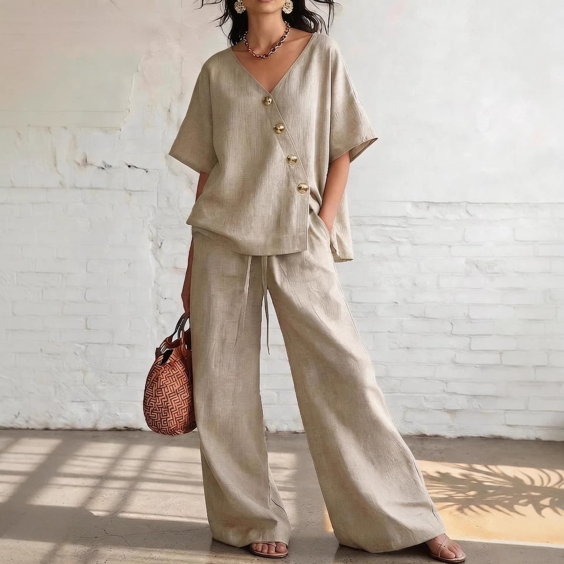 Cotton-Linen V-Neck Wide-Leg Set