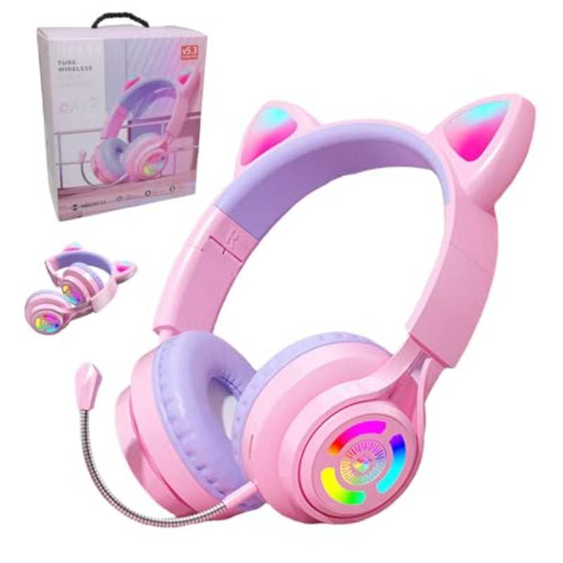 Cat Ear Gaming Headphones Wireless Bluetooth V5. 3 LED Lights Pink and Purple with Microphone