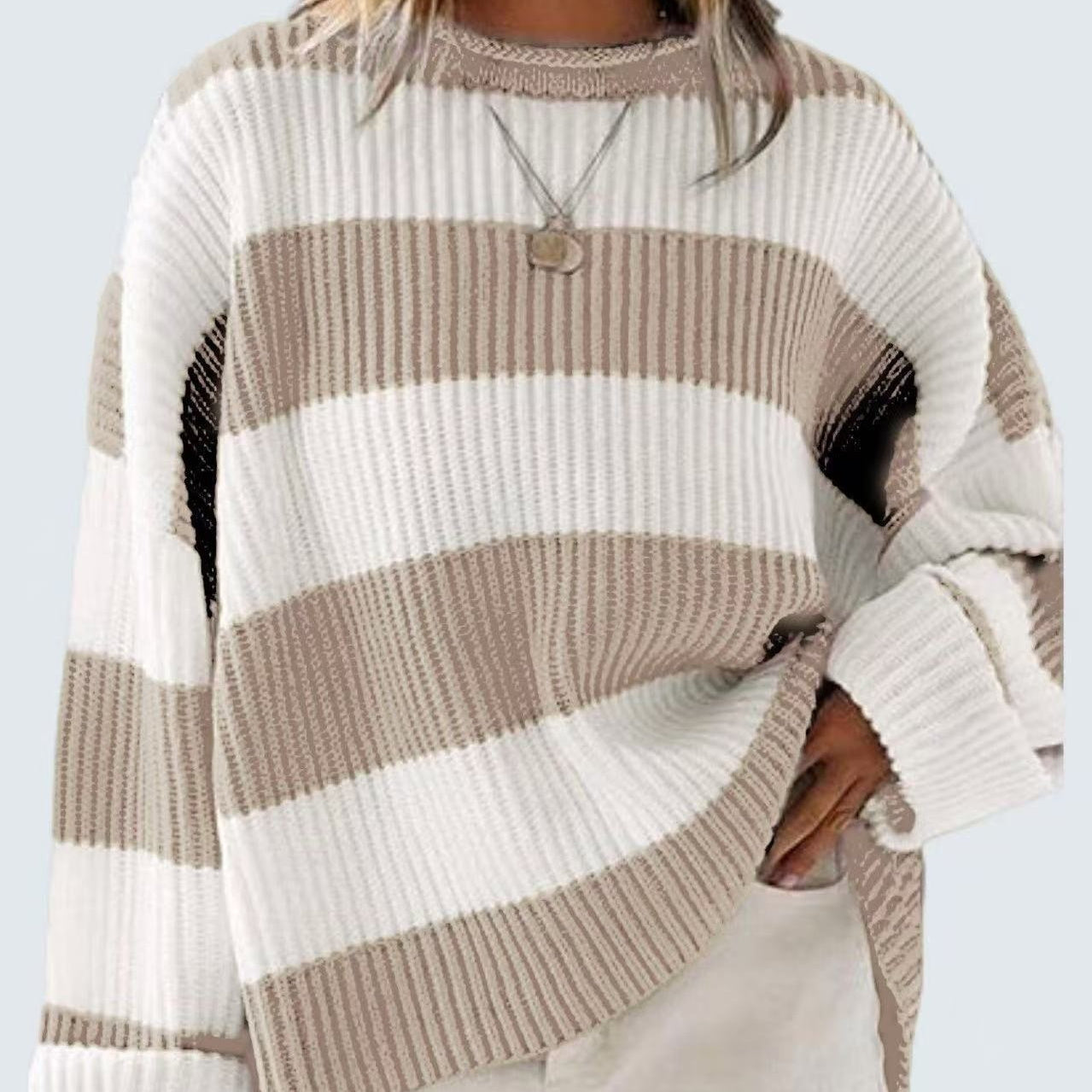 Oversized Batwing Sleeve Striped Knit Sweater