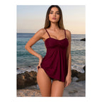 Burgundy Ruched Swim Dress with Flared Skirt