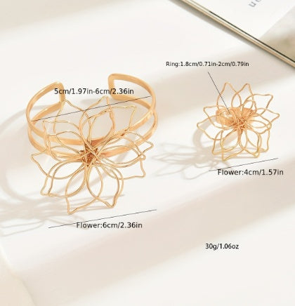 Geometric Lattice Flower Ring and Cuff Bracelet Jewelry Set