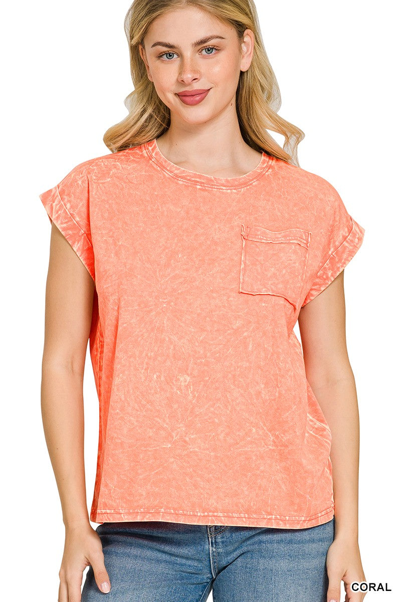 Zenana Halo Snow Washed Cuffed Short Sleeve Tee