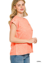 Zenana Halo Snow Washed Cuffed Short Sleeve Tee