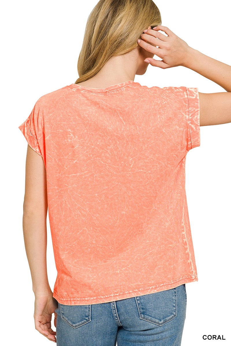 Zenana Halo Snow Washed Cuffed Short Sleeve Tee