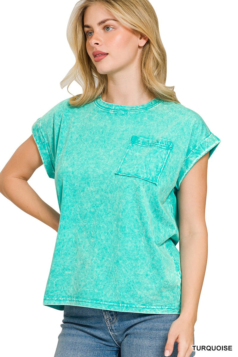 Zenana Halo Snow Washed Cuffed Short Sleeve Tee