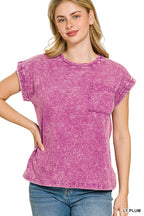 Zenana Halo Snow Washed Cuffed Short Sleeve Tee