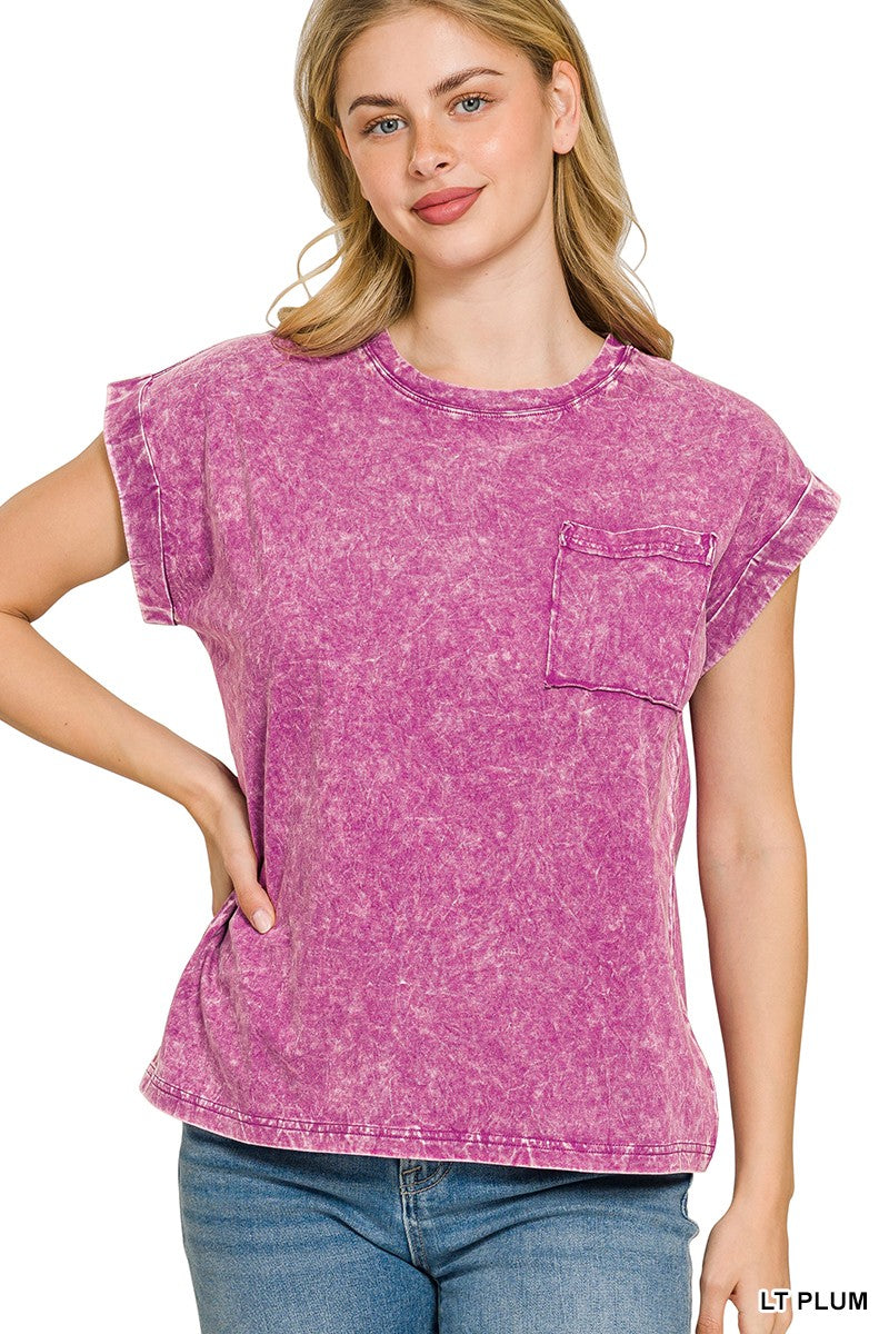 Zenana Halo Snow Washed Cuffed Short Sleeve Tee