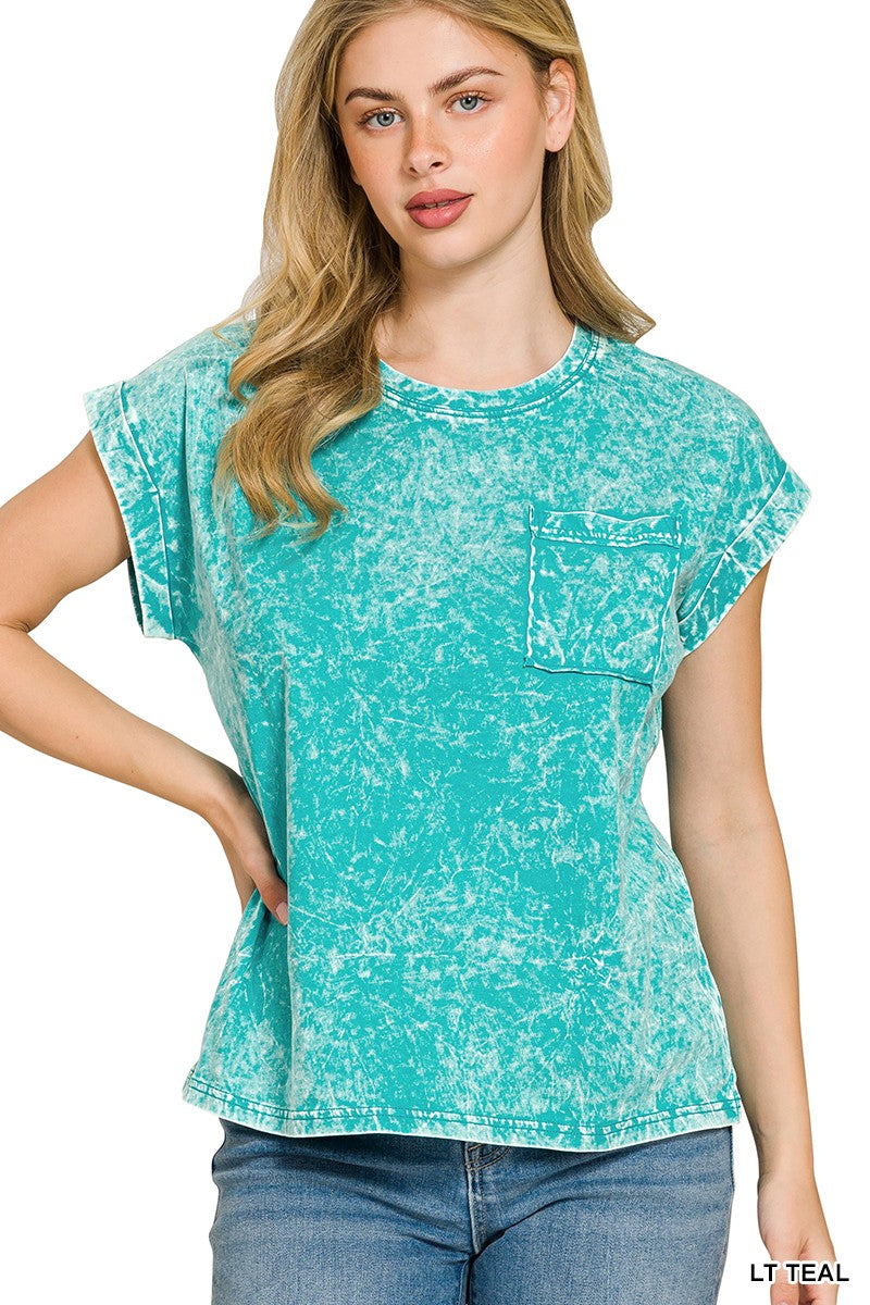 Zenana Halo Snow Washed Cuffed Short Sleeve Tee