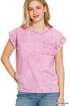 Zenana Halo Snow Washed Cuffed Short Sleeve Tee
