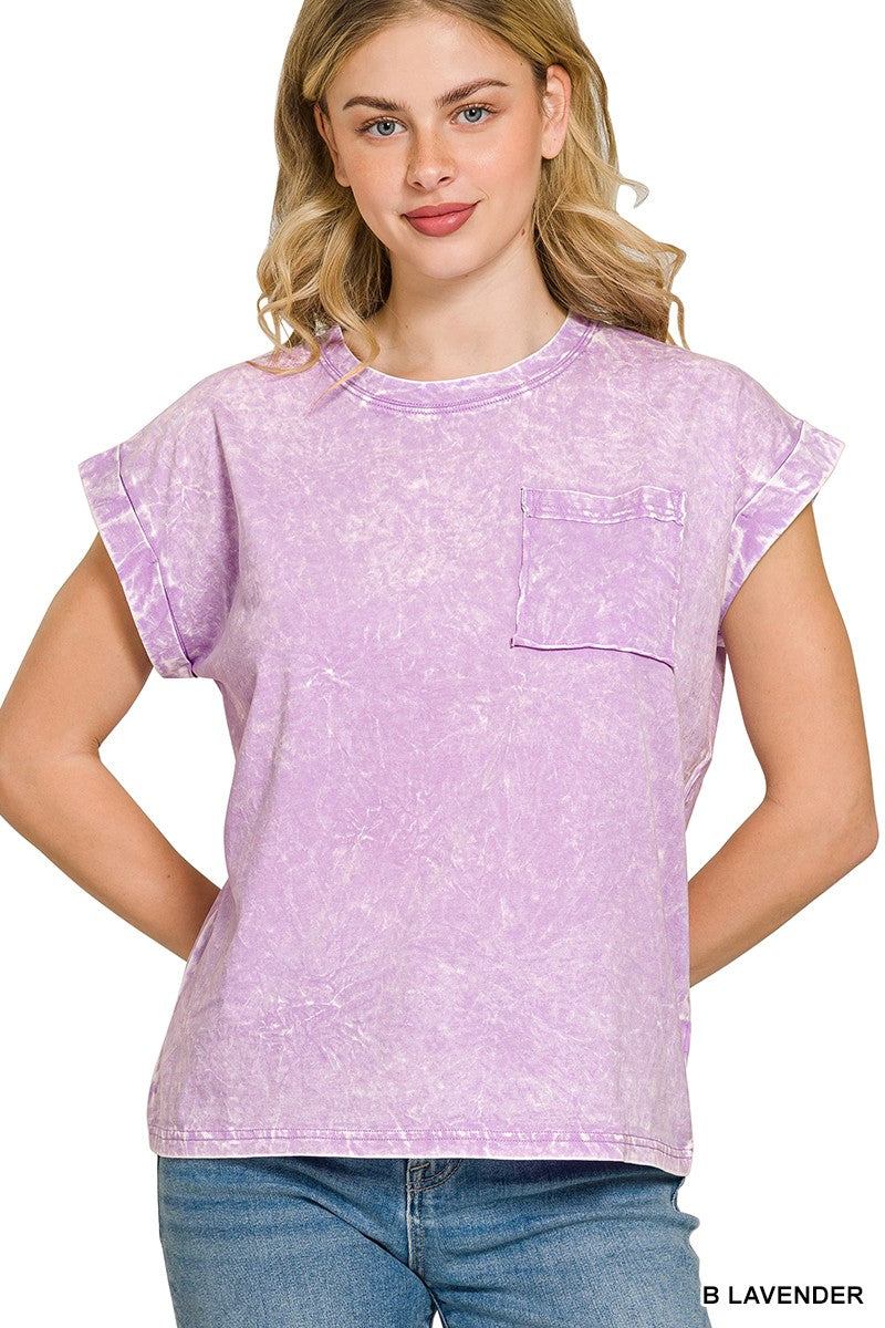 Zenana Halo Snow Washed Cuffed Short Sleeve Tee