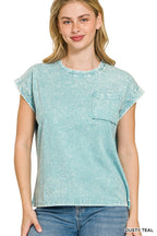 Zenana Halo Snow Washed Cuffed Short Sleeve Tee