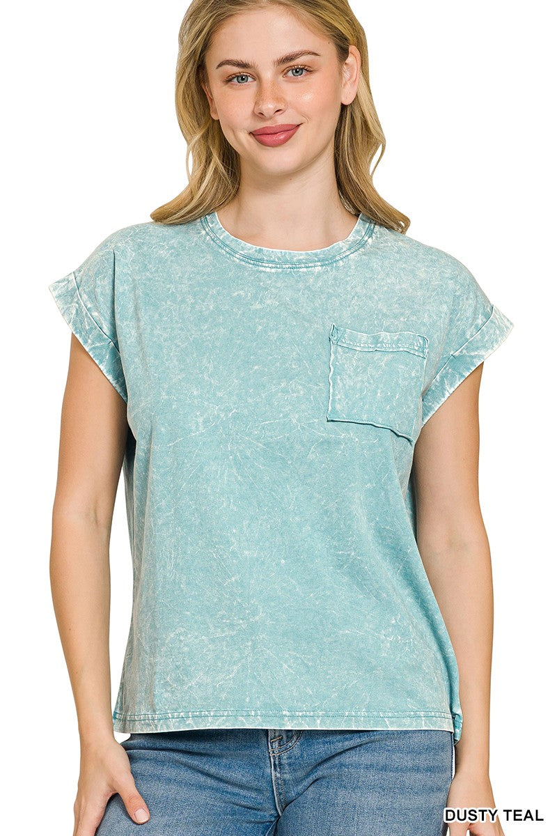 Zenana Halo Snow Washed Cuffed Short Sleeve Tee