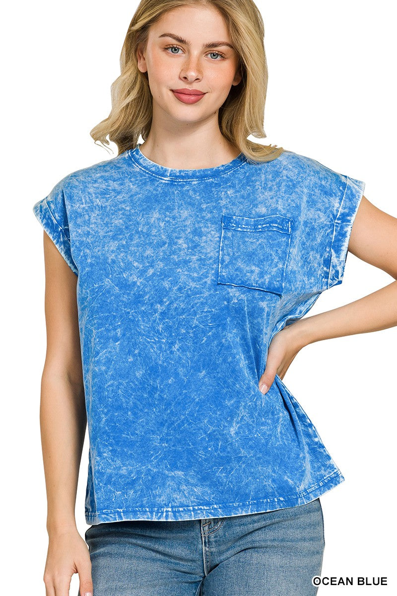 Zenana Halo Snow Washed Cuffed Short Sleeve Tee