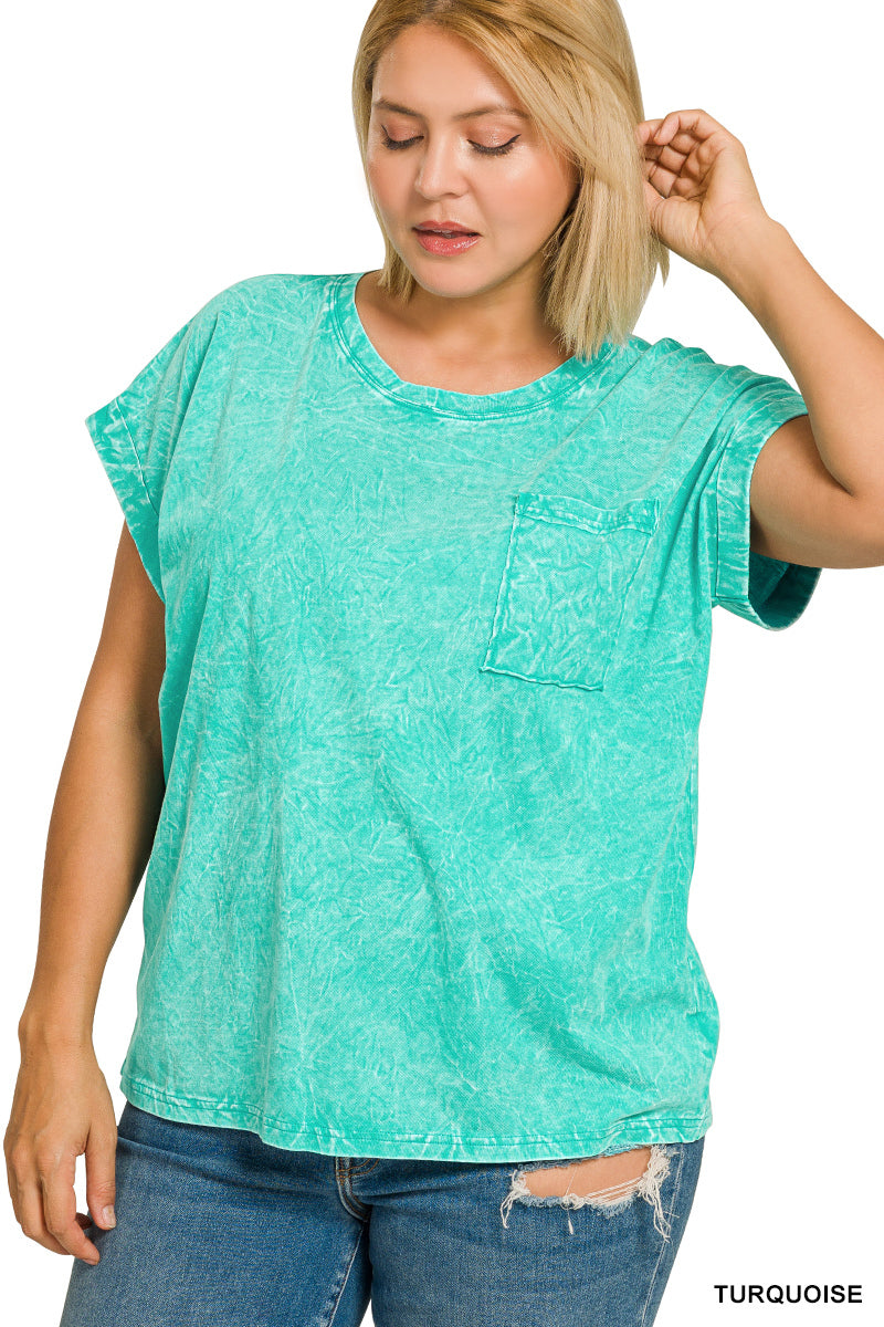 Zenana Halo Snow Washed Cuffed Short Sleeve Tee