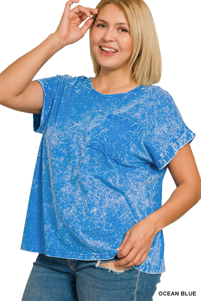Zenana Halo Snow Washed Cuffed Short Sleeve Tee