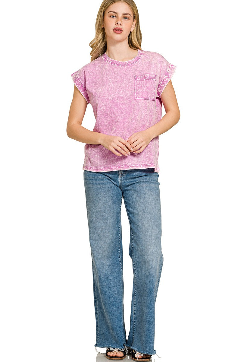 Zenana Halo Snow Washed Cuffed Short Sleeve Tee