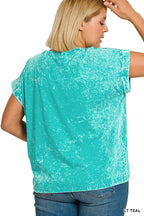 Zenana Halo Snow Washed Cuffed Short Sleeve Tee
