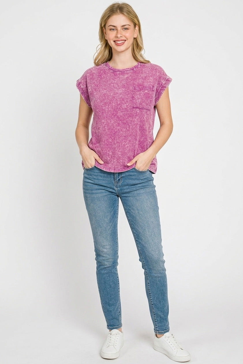 Zenana Halo Snow Washed Cuffed Short Sleeve Tee