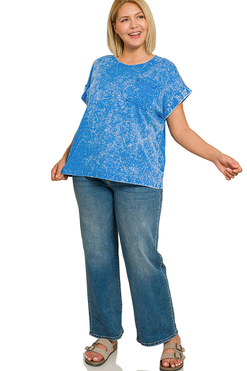 Zenana Halo Snow Washed Cuffed Short Sleeve Tee