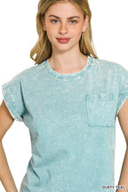 Zenana Halo Snow Washed Cuffed Short Sleeve Tee