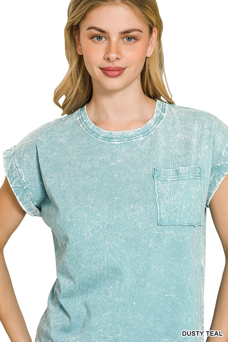 Zenana Halo Snow Washed Cuffed Short Sleeve Tee