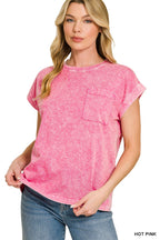 Zenana Halo Snow Washed Cuffed Short Sleeve Tee
