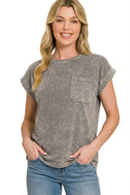 Zenana Halo Snow Washed Cuffed Short Sleeve Tee
