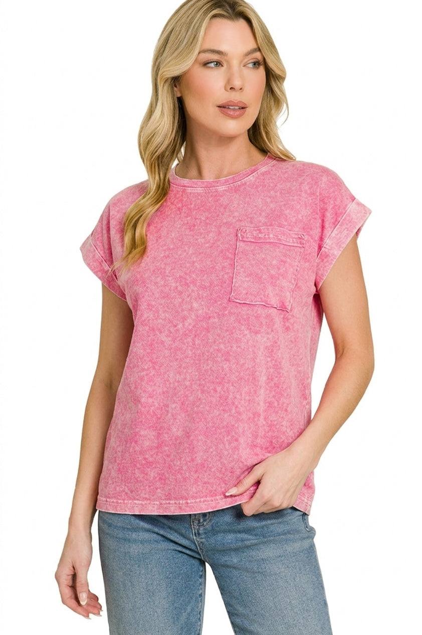 Zenana Halo Snow Washed Cuffed Short Sleeve Tee
