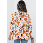 V-Neck Colorblock Printed Chiffon Blouse with Tassel Ties