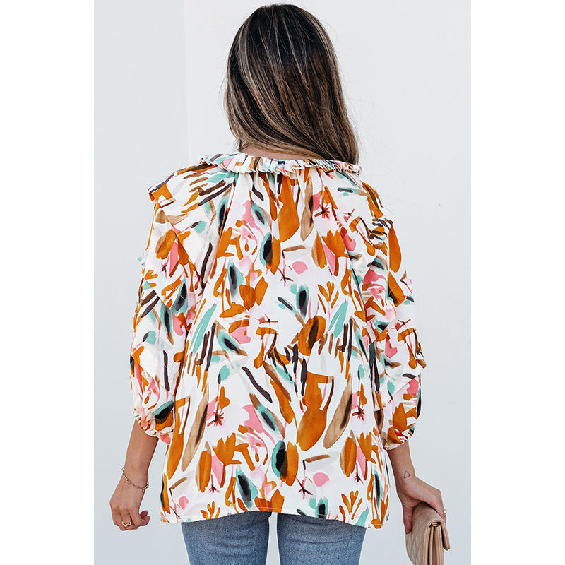 V-Neck Colorblock Printed Chiffon Blouse with Tassel Ties