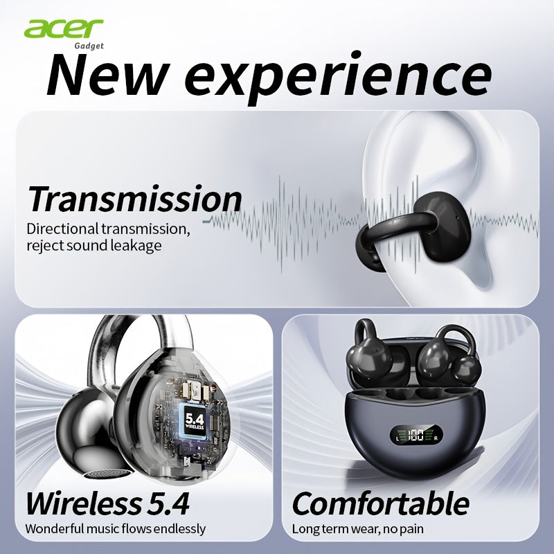 [Acer 2025 New] TWS Wireless Headphones, Heavy Bass Stereo Call Noise Reduction, Ultra-Long Battery Life, Sports Running Clip-On Ear Style, Low Latency Game Mode, HIFI Sound, Lightweight Touch Design, Comfortable to Wear for