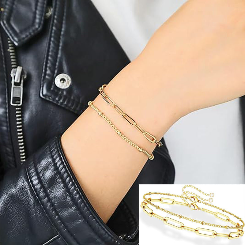 Dainty 14K Gold Filled Layered Paperclip Chain Bracelet Set