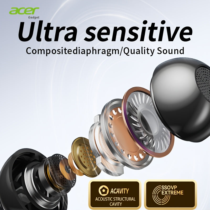 [Acer 2025 New] TWS Wireless Headphones, Heavy Bass Stereo Call Noise Reduction, Ultra-Long Battery Life, Sports Running Clip-On Ear Style, Low Latency Game Mode, HIFI Sound, Lightweight Touch Design, Comfortable to Wear for