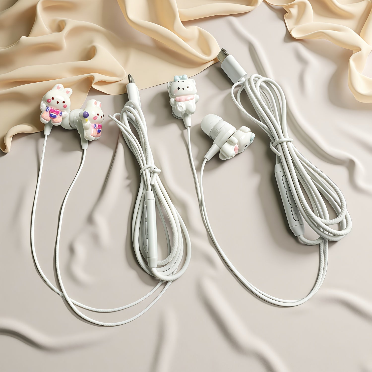 Adorable Bunny-Themed Wired Headphones Featuring Cute Additions, Designed As In-Ear Cartoon Headsets for Music. These Student Headphones Come with a Built-In Microphone, Volume Control, And Song Adjustment Buttons