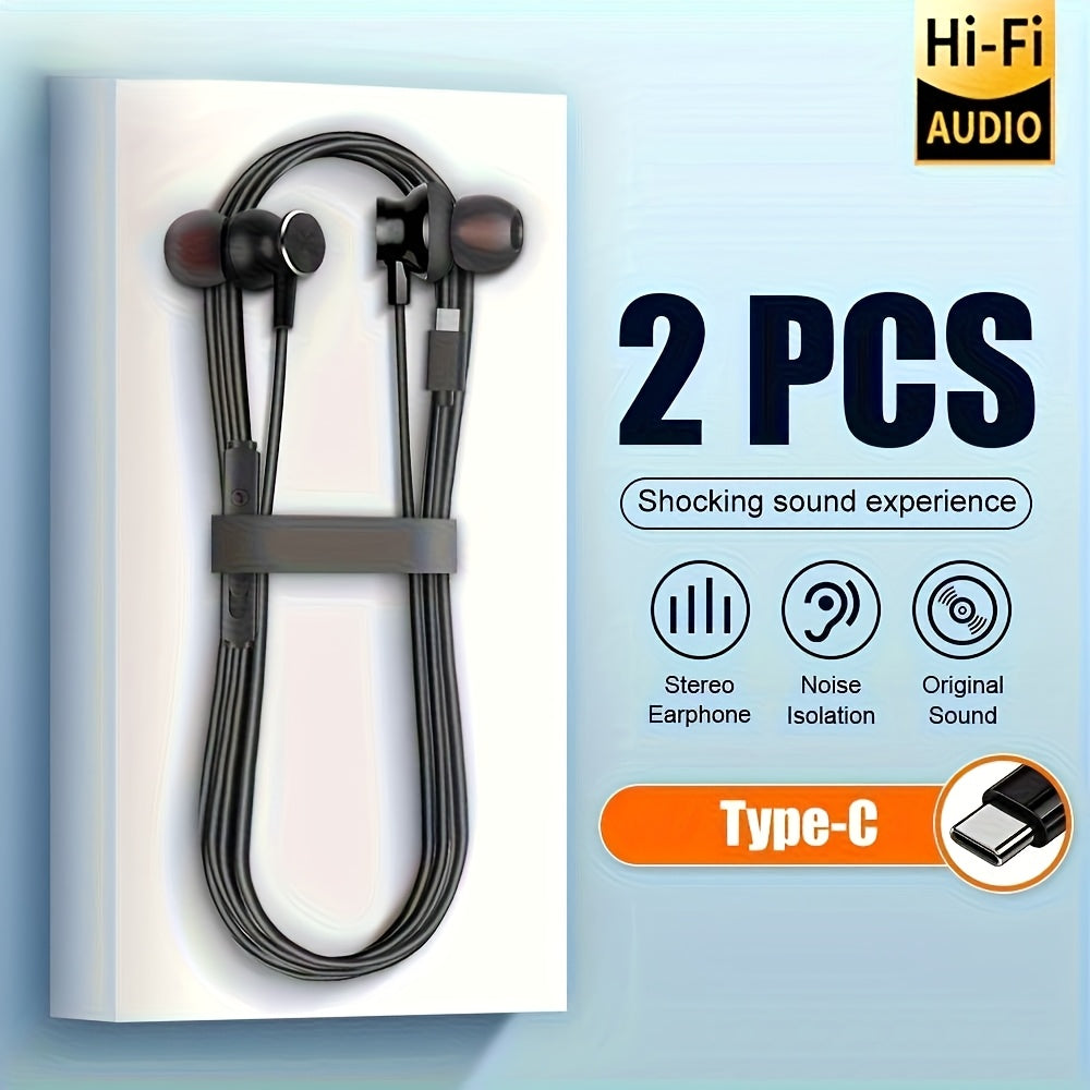 2pcs Type-C/USB C Wired Earphones with Noise Cancelling, Hi-Fi Stereo Sound, Deep Bass In-Ear Headset for Phones, Tablets & Laptops - Compatible with Most USB-C/Type-C Port Devices