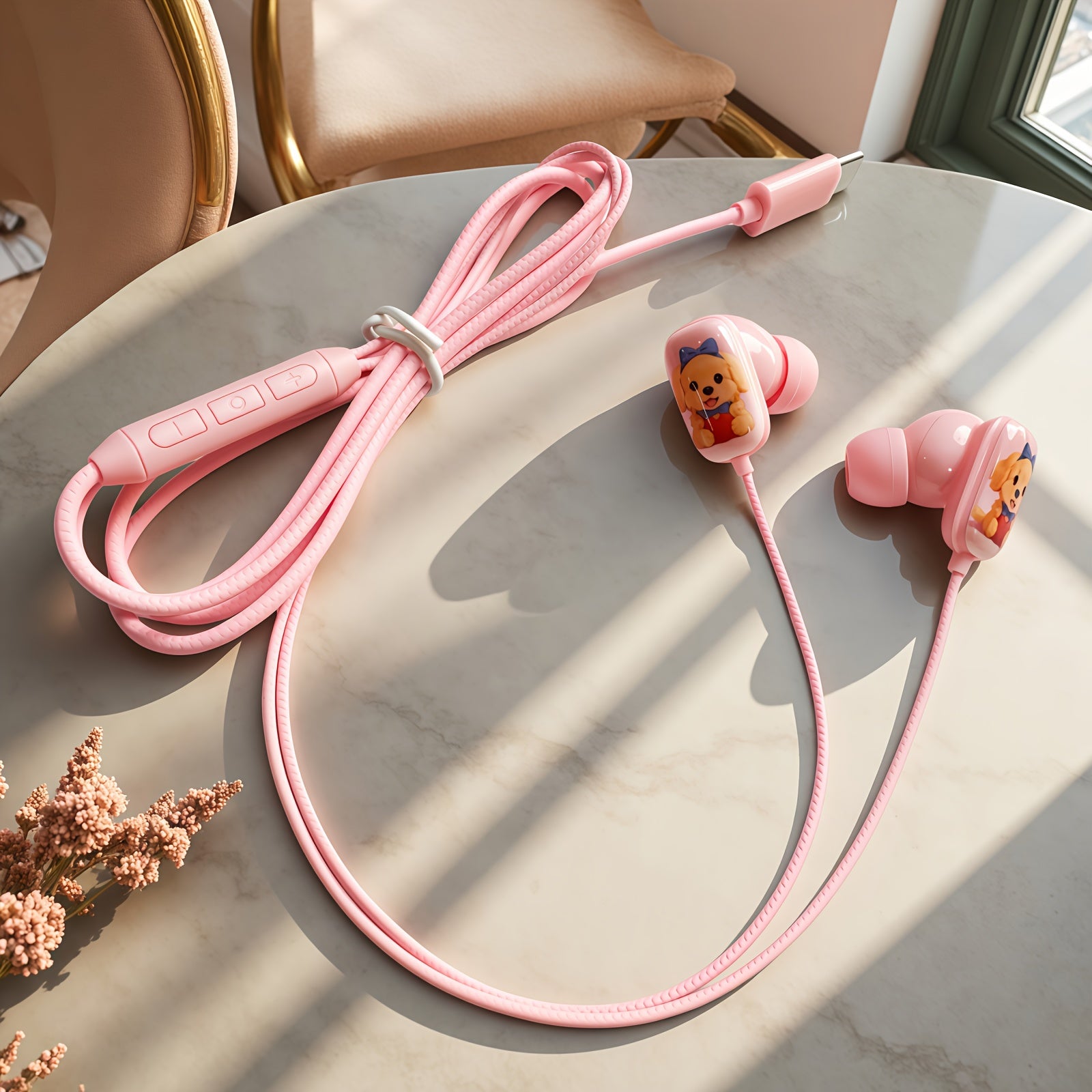 Cartoon Cute Dog 4 Colors to Choose from Wired Headphones,flat Printing Fun In-ear Call Headphones, Music Headphones, Student Headphones,cartoon Headset, HD Microphone and Volume Adjustment, Stereo Clear Sound Quality, Type C