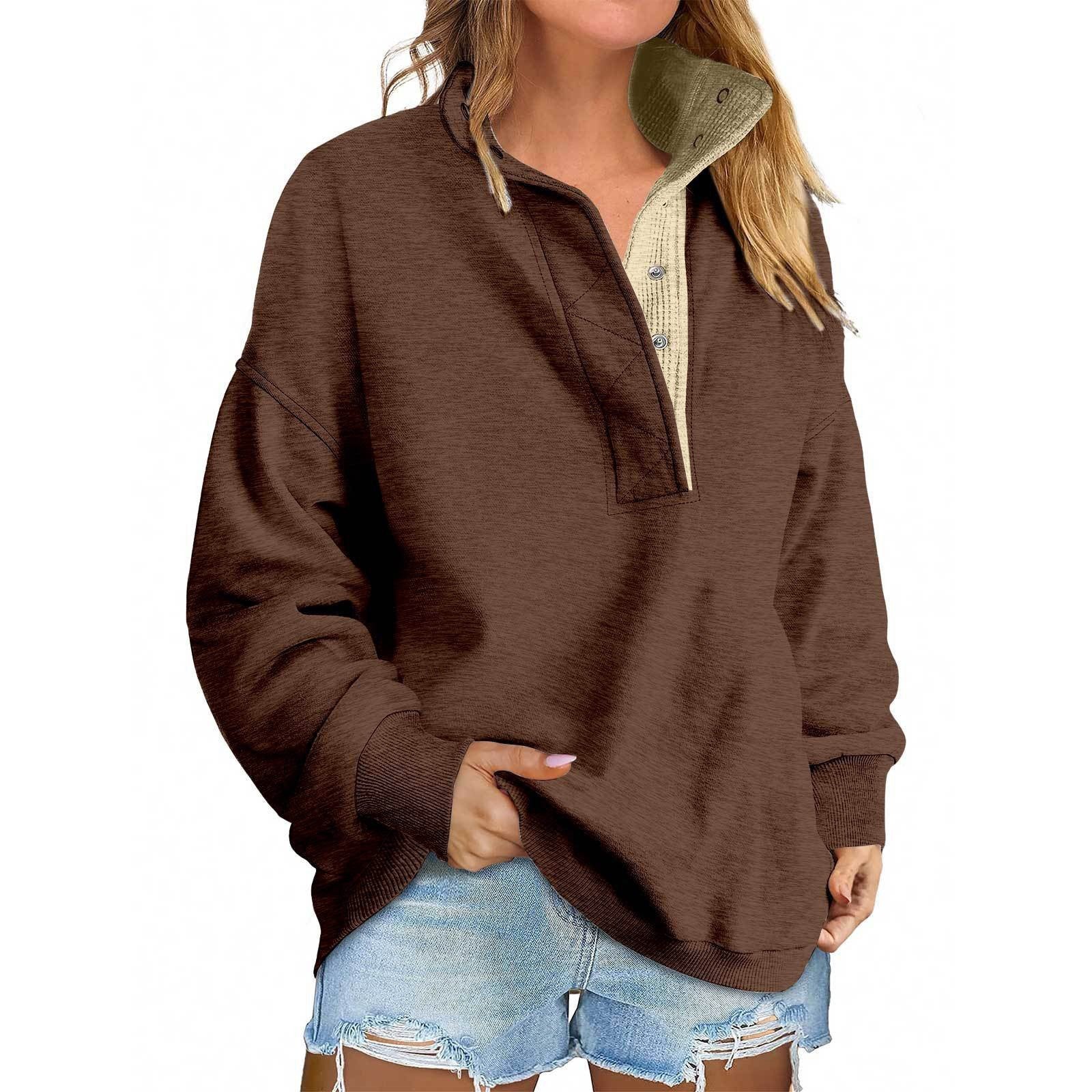 Floral Accent Buttoned Stand-Collar Pullover