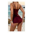 Burgundy Ruched Swim Dress with Flared Skirt