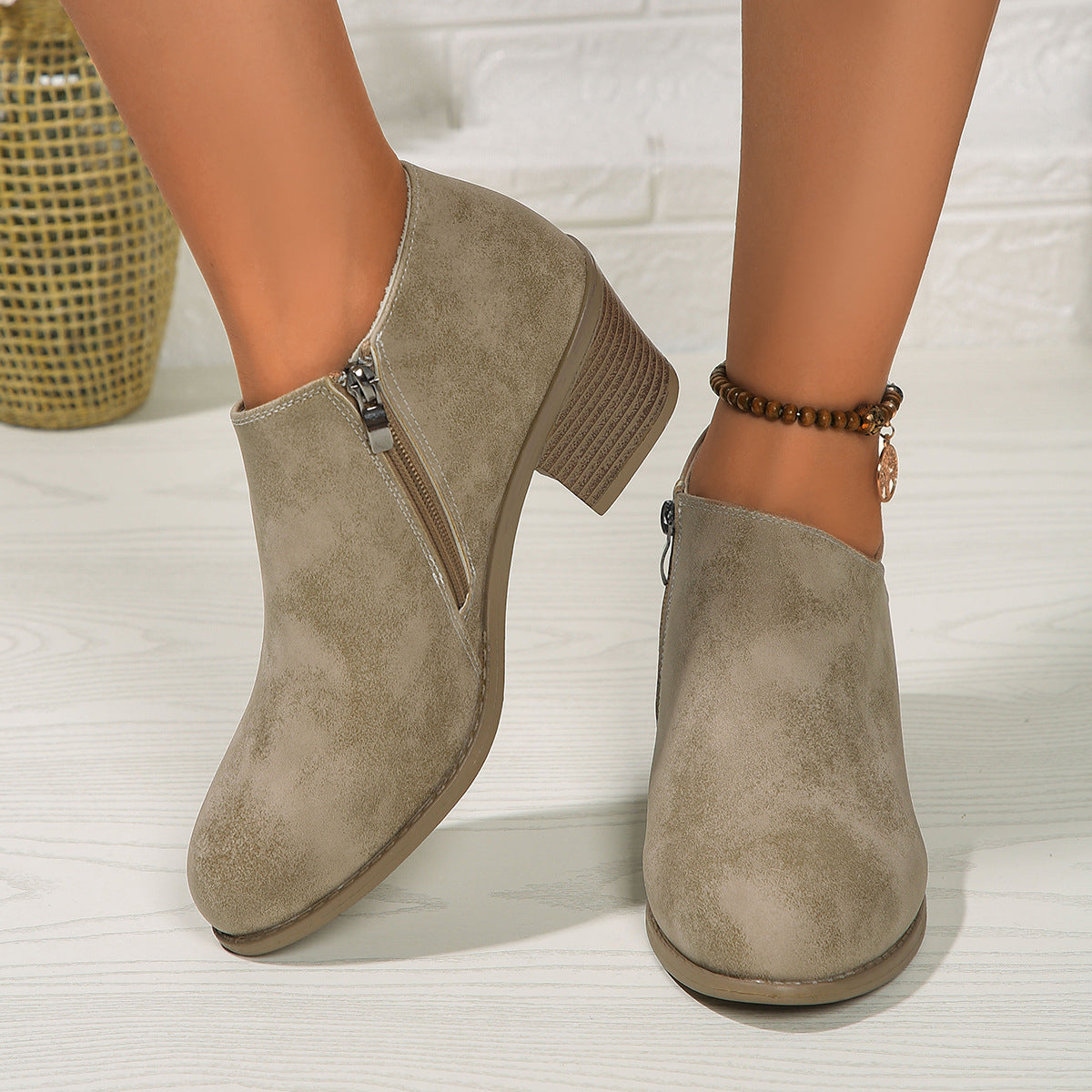 Chunky Heel Round Toe Ankle Boots with Side Zipper Design