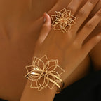Geometric Lattice Flower Ring and Cuff Bracelet Jewelry Set