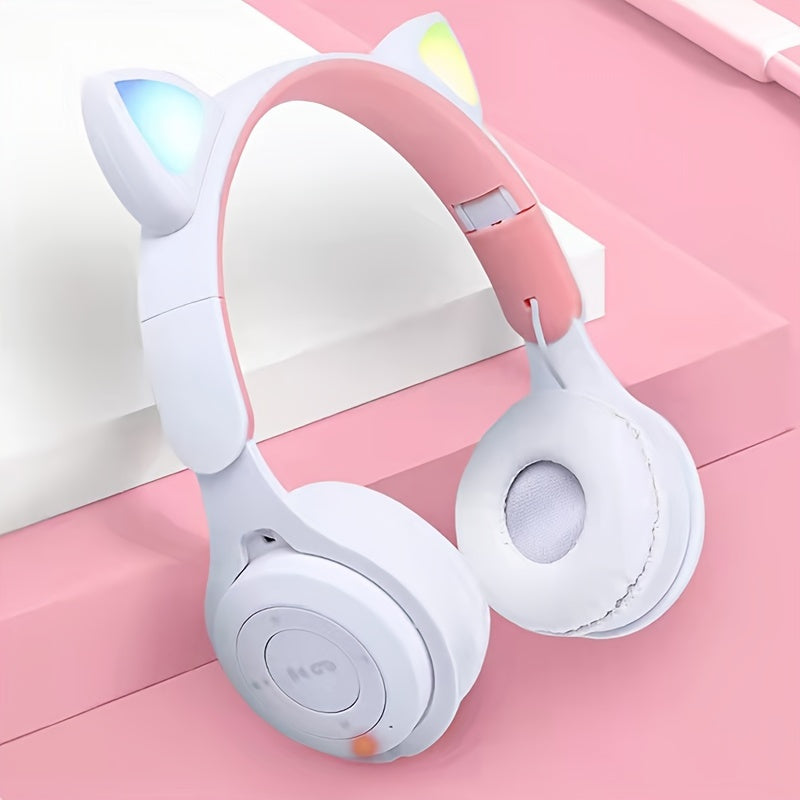 Cat's Ears (Steamed Cat-ear Shaped Bread) Headset Gradient LED Light Cat's Ear Retractable Cute Gift Wireless Headset. Valentines'Gift, Gift for Him.