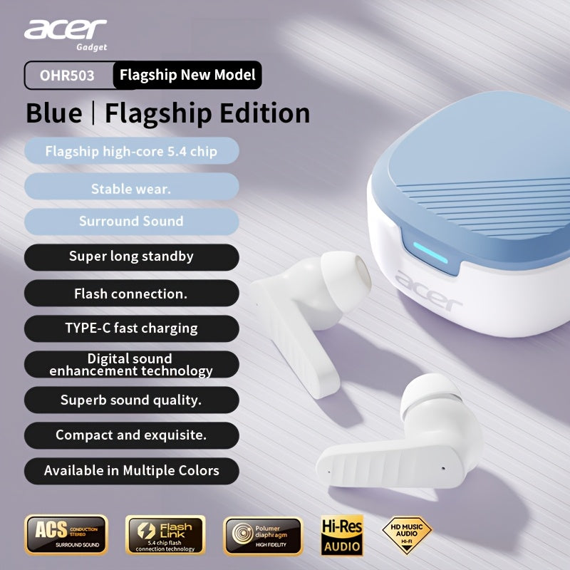 ACER OHR503 Wireless Headphones Offer Extended Standby Time, High-Fidelity Stereo Sound, Smart Noise Cancellation for Calls, Low Latency for Gaming, And a Comfortable Fit Suitable for Travel, Sports, Work, Study