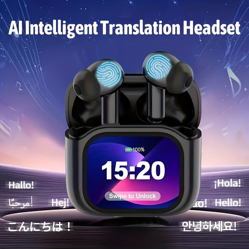 2025 New AI Real-time Translation Headset, 150 Language Translation Headset. Small Translation Wireless Headphones, LCD Color Large-screen Charging Case, TWS In-ear Headphones with ANC and ENC Noise Cancellation Functions, Su