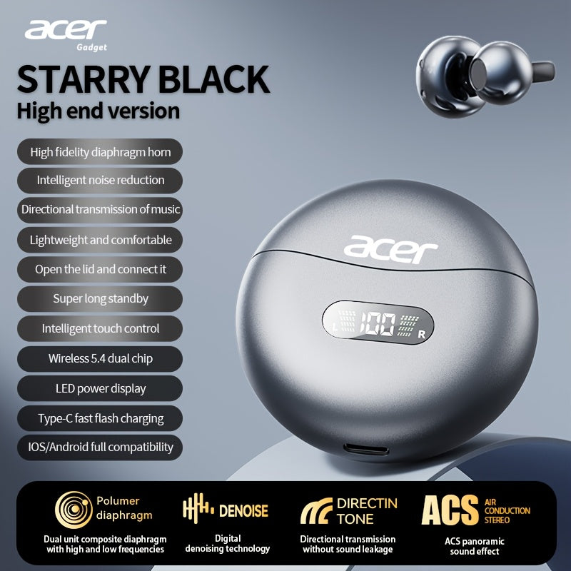 [Acer 2025 New] TWS Wireless Headphones, Heavy Bass Stereo Call Noise Reduction, Ultra-Long Battery Life, Sports Running Clip-On Ear Style, Low Latency Game Mode, HIFI Sound, Lightweight Touch Design, Comfortable to Wear for