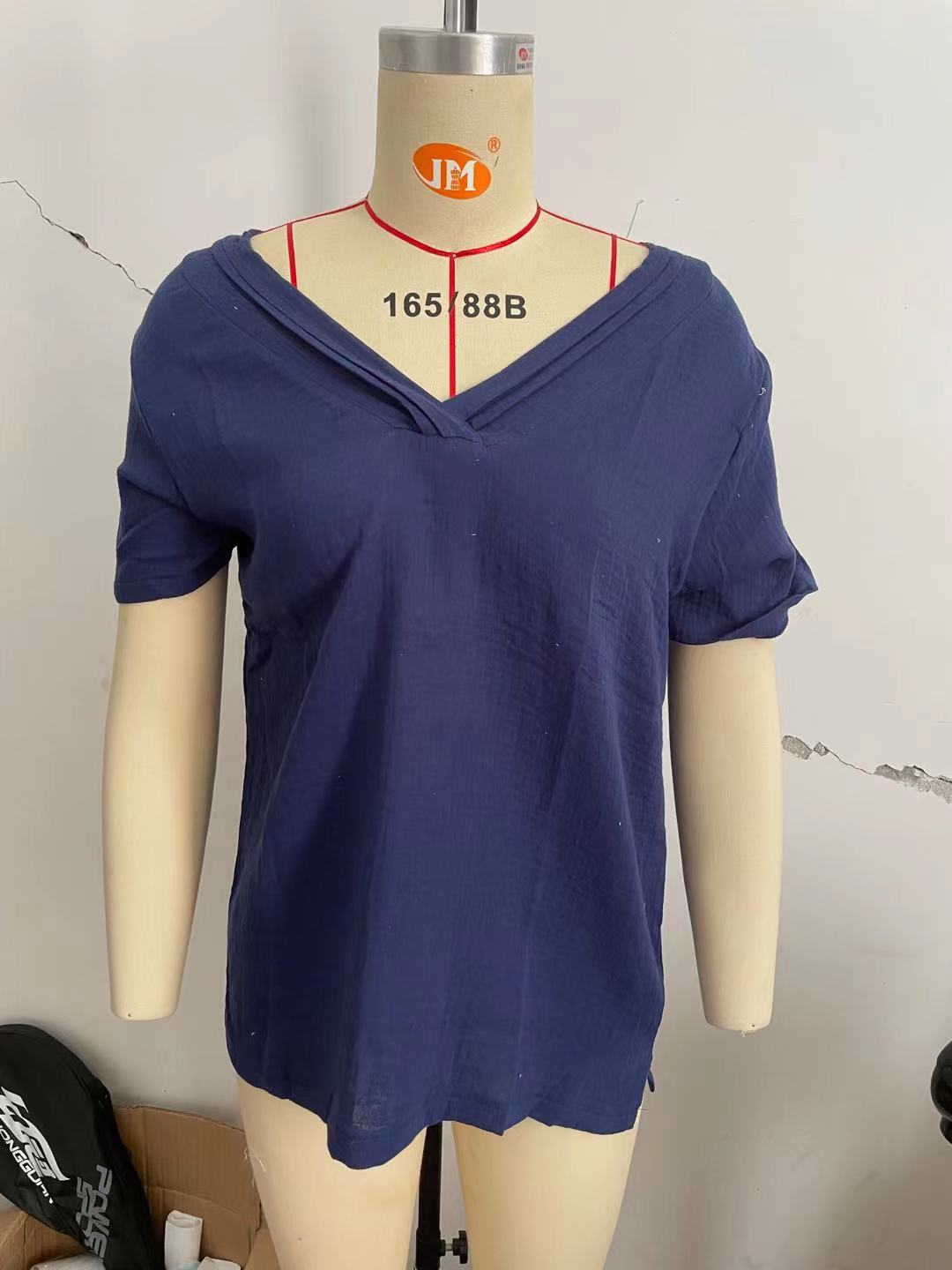 Large V-neck Hem Bifurcated Short-sleeved Cotton And Linen Layers