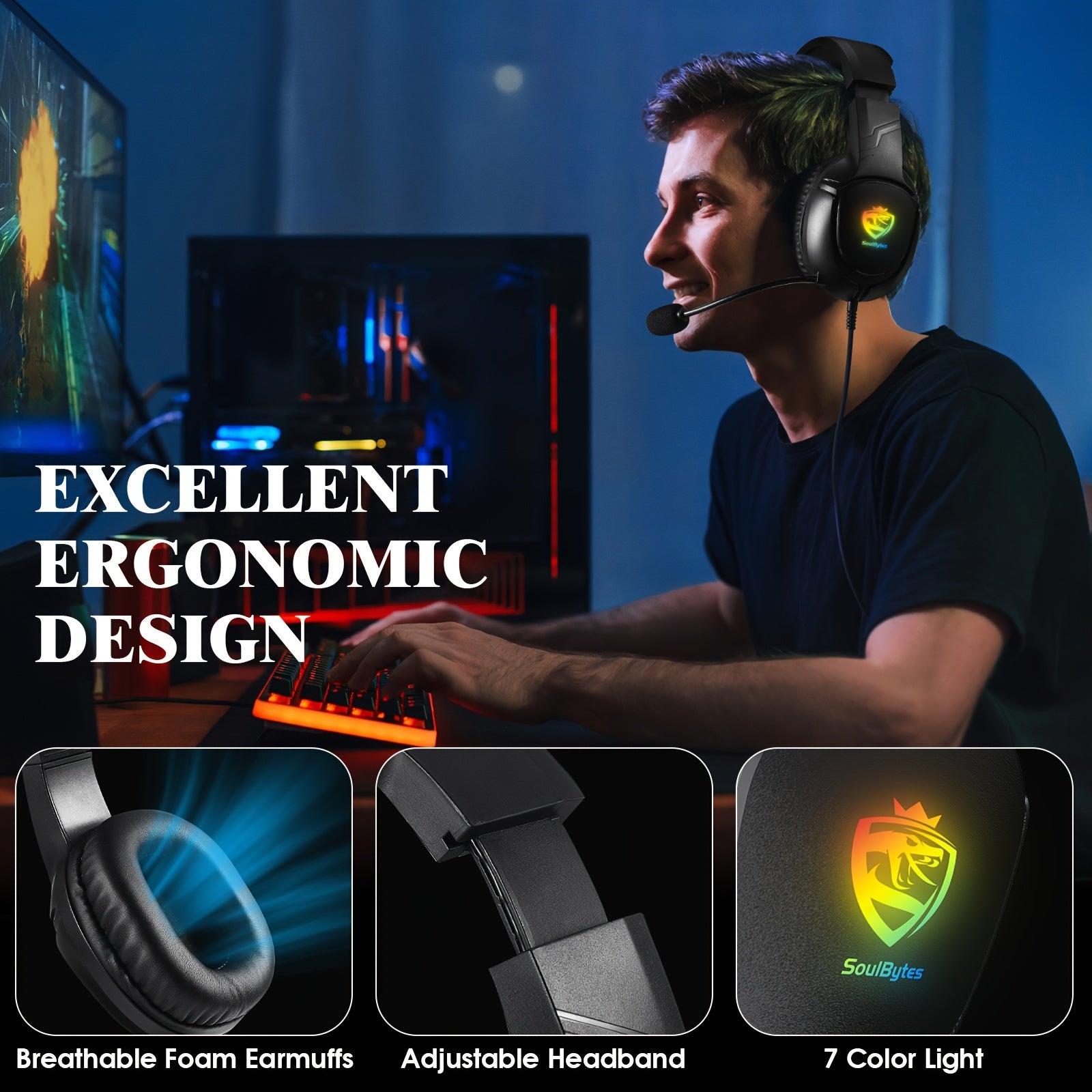 The Soulbytes S20 Over-Ear Gaming Headset Features a Wired Design with Volume/Mute Control, 7-Color Breathing Lights, And Surround Sound Effects. It Is Compatible with Mobile Phones, Desktops, And Laptops, And Can Be Used wit