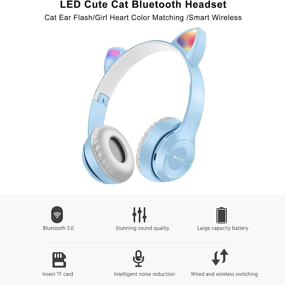 Ear Kids Headphones | Wireless 5.0 Wireless Foldable Over-Ear Headphones with Mic Light, Compatible with Smartphone, Pad, Laptop, Purple