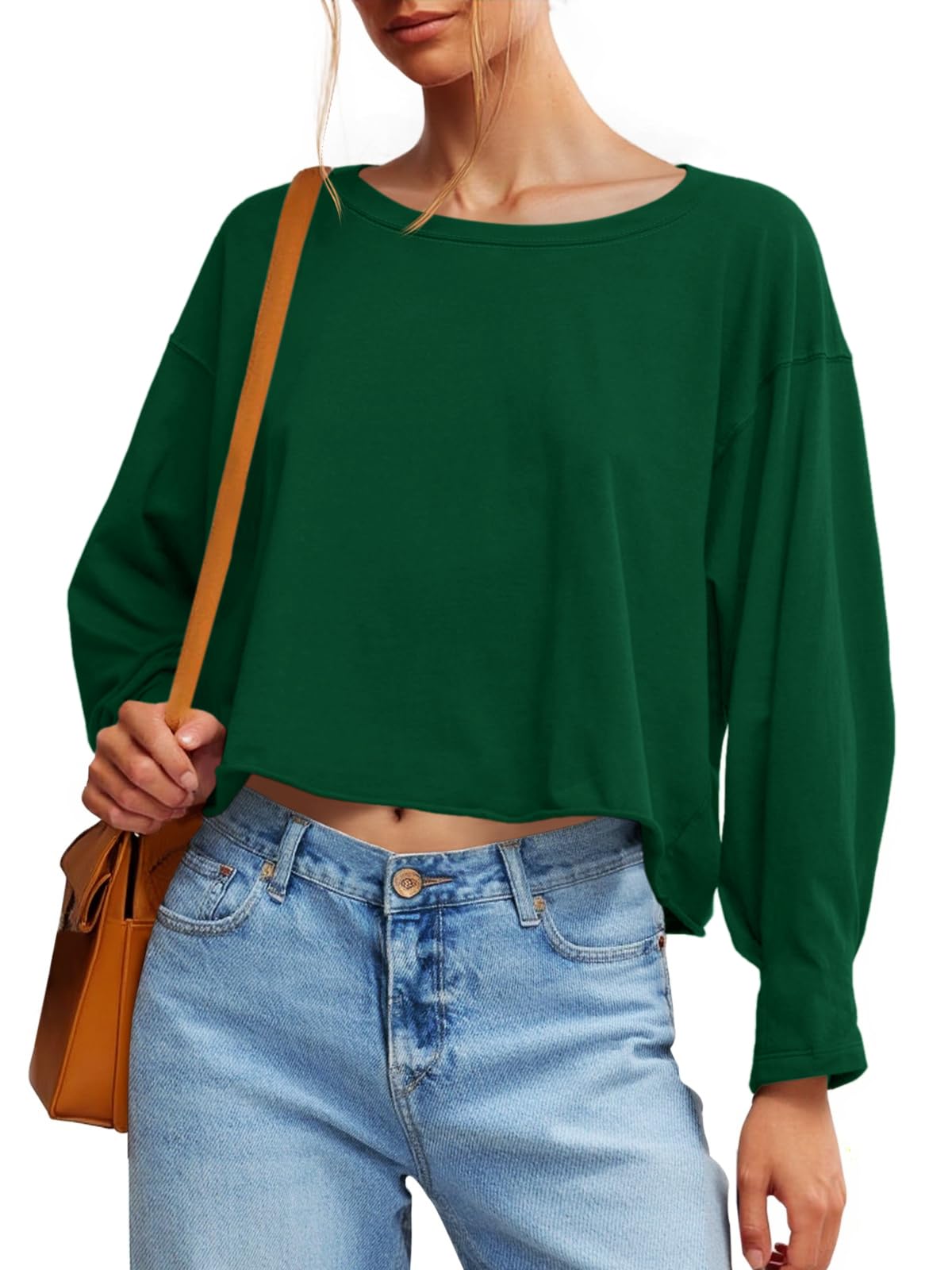 Lantern Sleeve Crewneck Crop Top